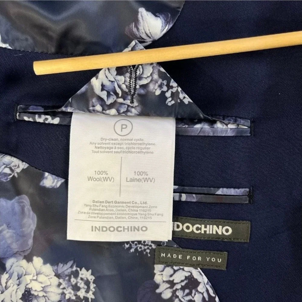 Indochino Men's Navy Wool Blazer Sport Coat 2-Button‎ Lined Floral Interior